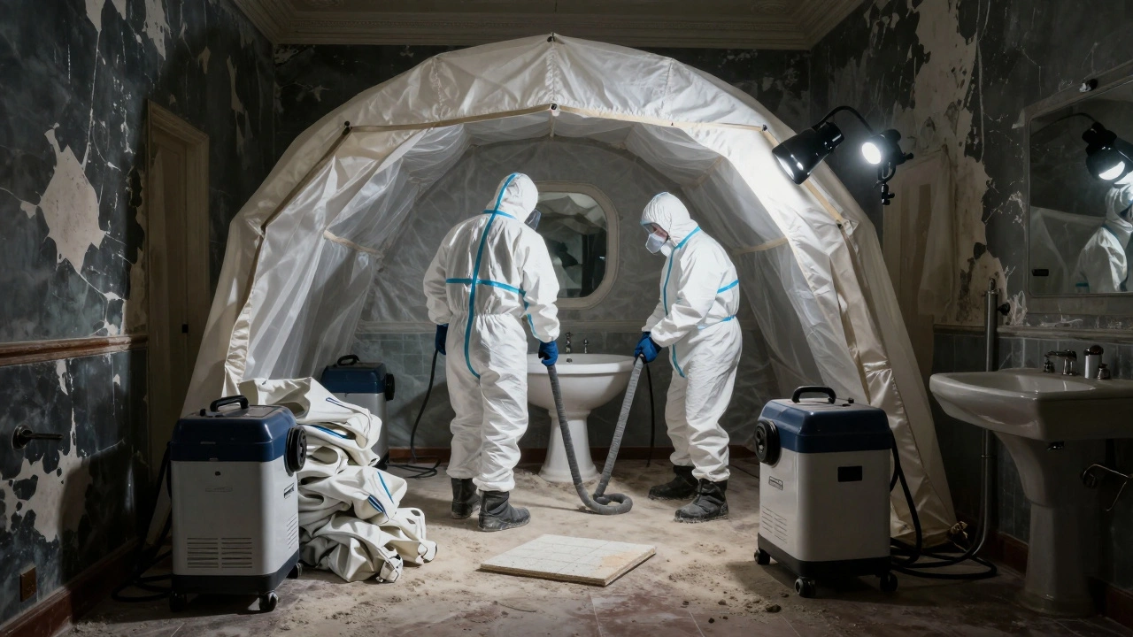 Professionelles Asbest-Entfernungsteam in Schutzanzügen arbeitet in einer abgeriegelten Badezimmerumgebung.