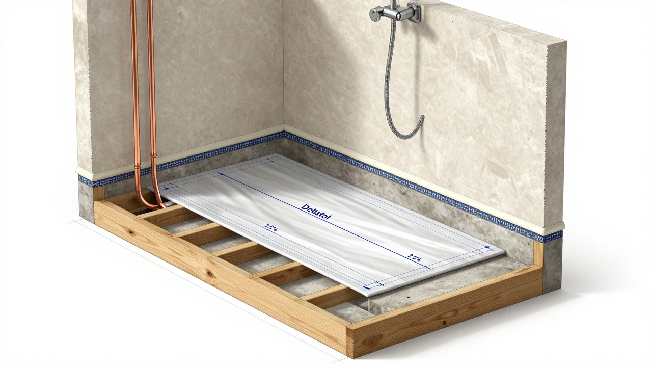 Querschnitt einer bodenebenen Dusche mit Deltafol-System und präzisem Gefälle unterhalb eines Holzbalkenbodens.