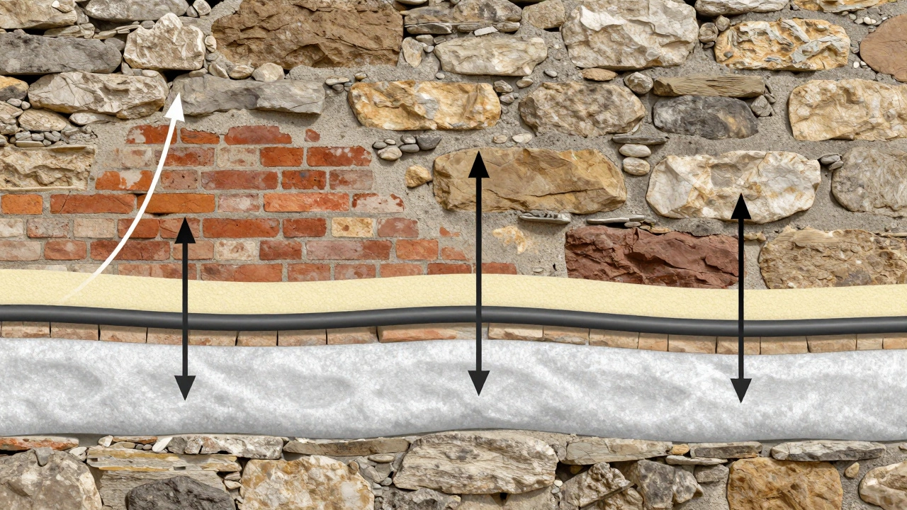 Querschnitt einer historischen Wand mit diffusionsoffener Dämmung und kapillarer Heizung, ohne Feuchtigkeitseinschluss.