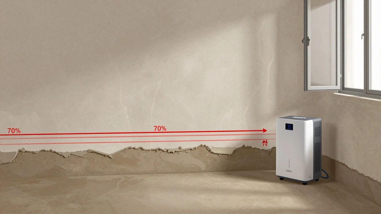 Querschnitt einer Wand mit verborgener Feuchtigkeit in Putz und Kleber, dargestellt als warnende rote Linien.