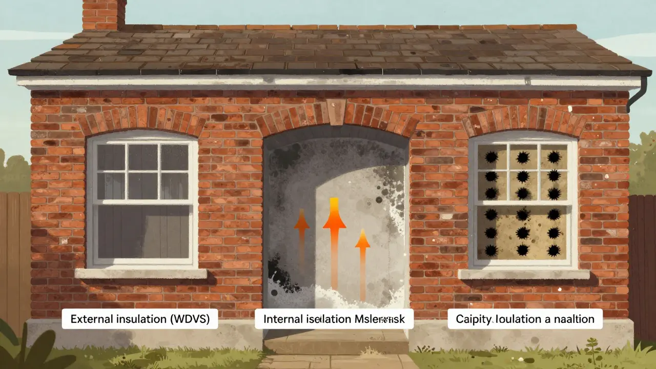 Schnittansicht dreier Dämmmethoden: Außen-, Innen- und Kerndämmung mit Wärmeströmen und Feuchtigkeitsschäden.
