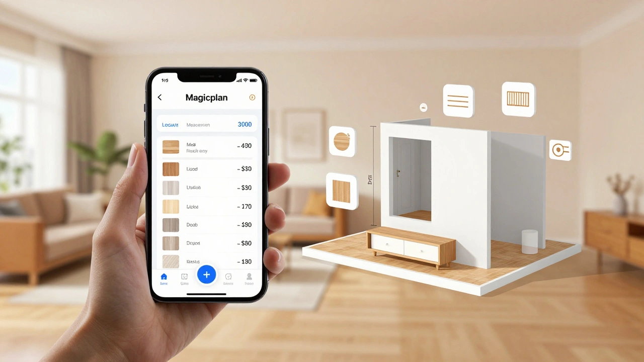 Split-Screen: Smartphone mit AR-Messung links, rechts 3D-Plan mit Kostenübersicht und Materialauswahl.