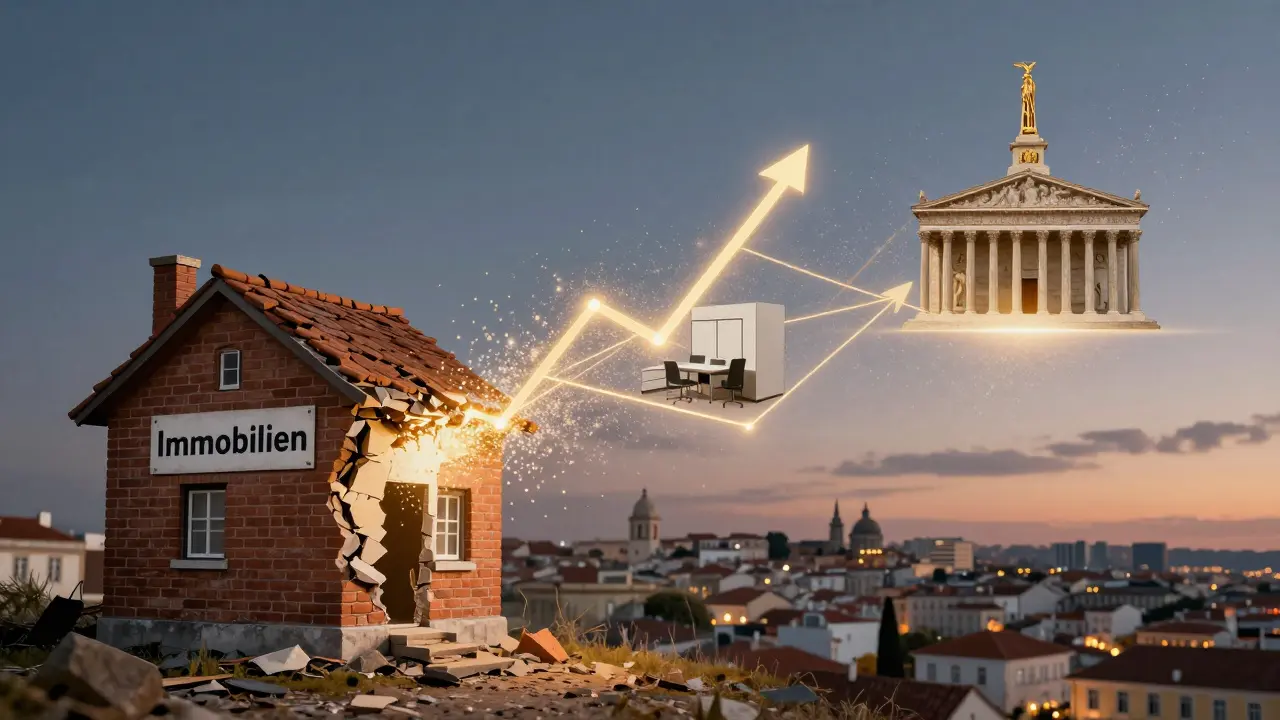 Symbolische Darstellung: Ein Haus aus Immobilieninvestitionen verwandelt sich in wirtschaftliche und kulturelle Elemente.