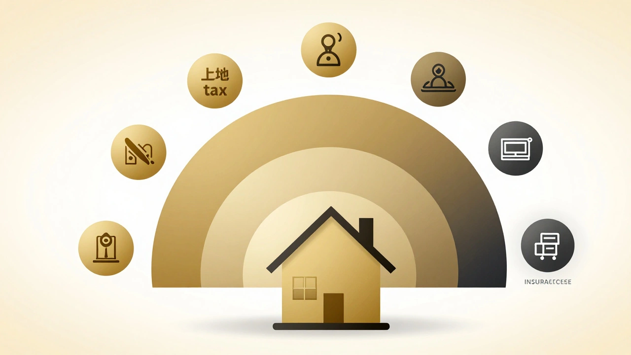 Symbolische Darstellung versteckter Baukosten wie Grundsteuer, Vermessung und Versicherungen um ein Haus herum.