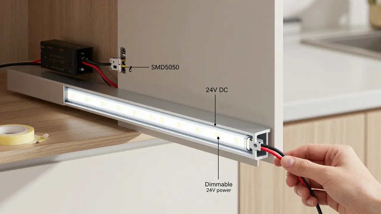 Technische Darstellung eines LED-Streifens im Aluminiumprofil mit gekennzeichneten Komponenten und Verkabelung.