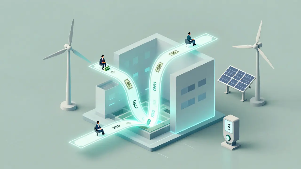 Transparent building with glowing money streams feeding into solar panels and energy systems.