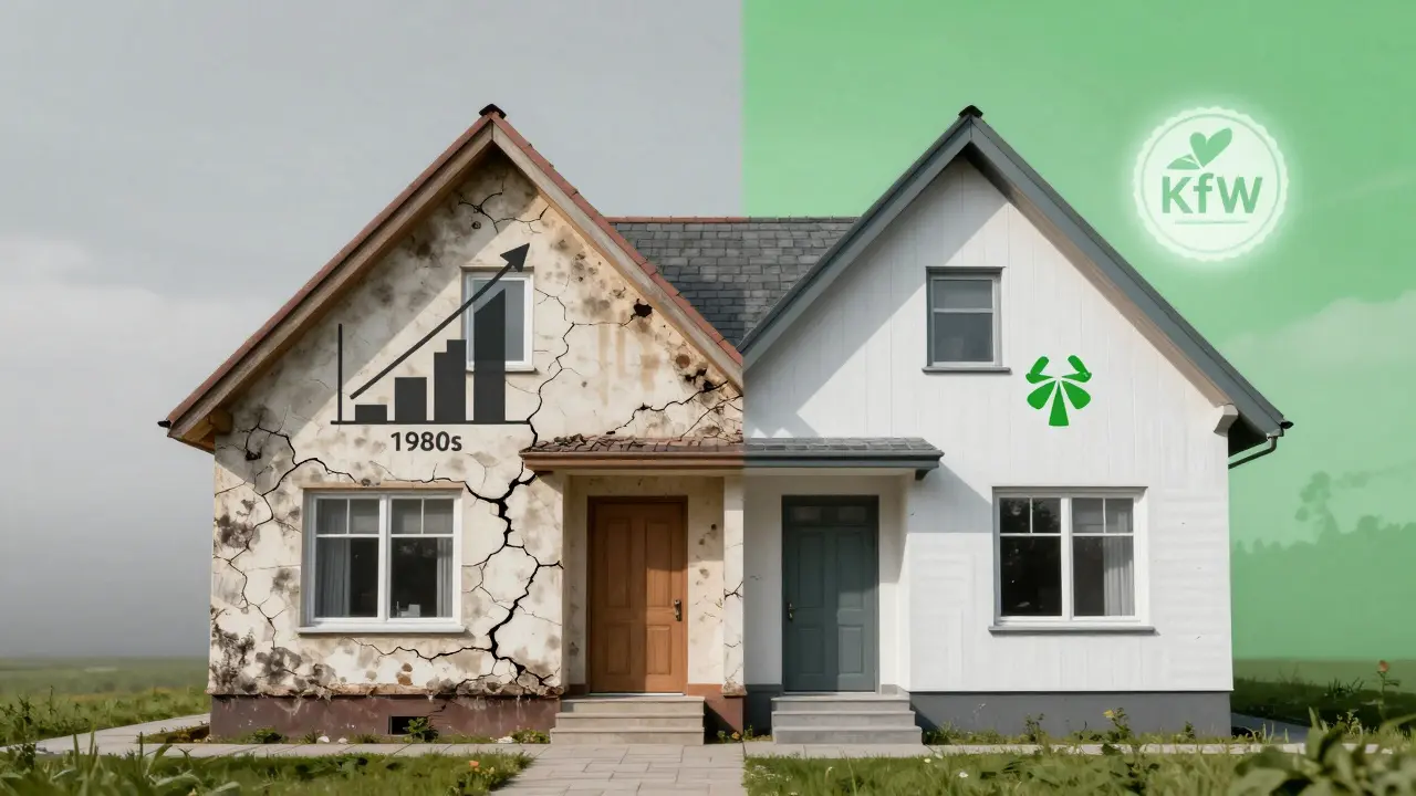 Vergleich: alte, schadhafter Fassade links, moderne, gedämmte Fassade rechts.