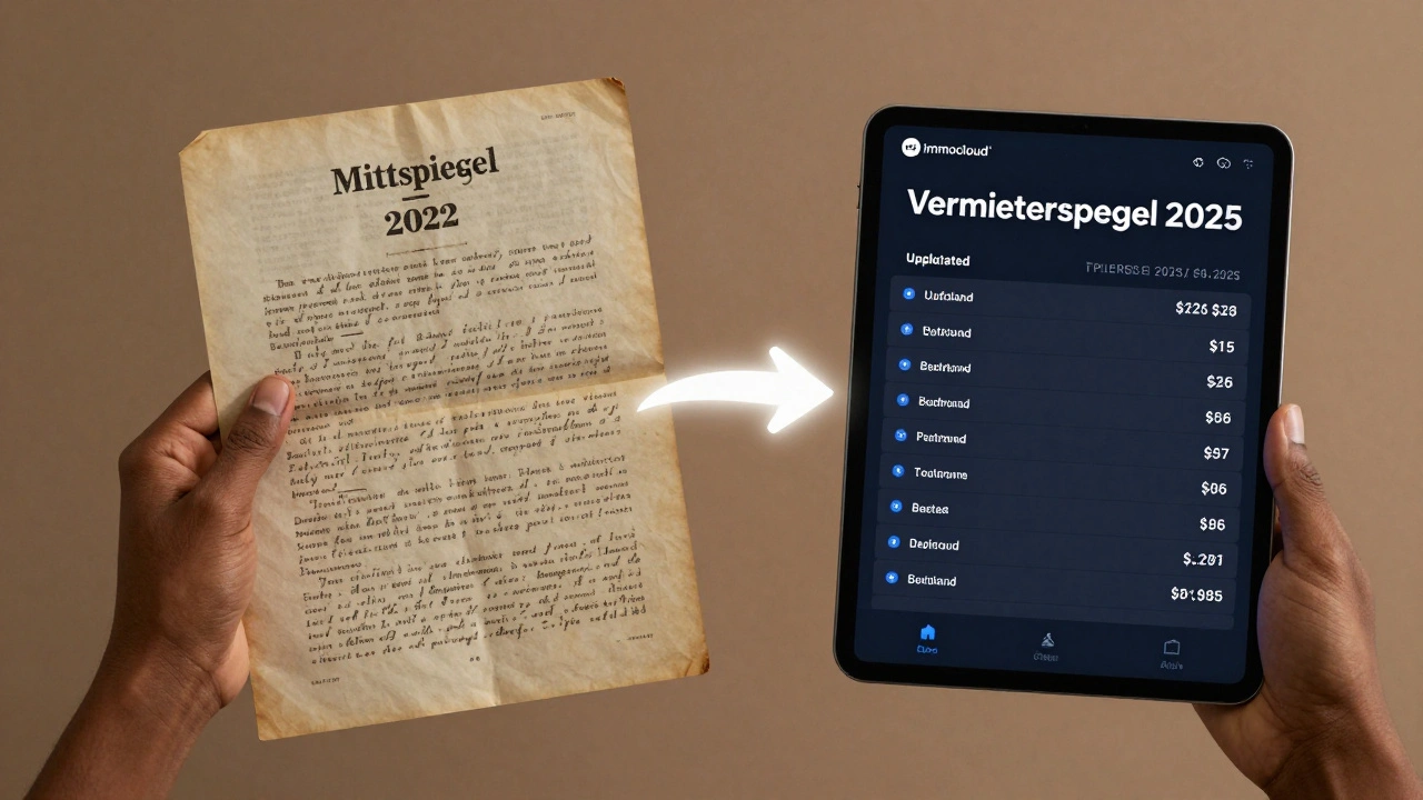 Vergleich zwischen veraltetem Mietspiegel und moderner digitaler Mietpreisanalyse auf einem Tablet.