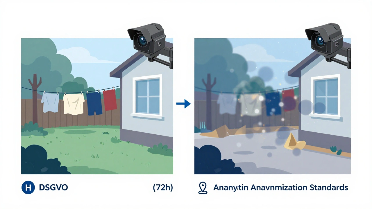 Vergleichsdarstellung: illegale Kamerarichtung mit Nachbargrundstück vs. datenschutzkonforme Ausrichtung auf Baustelle mit Verpixelung.