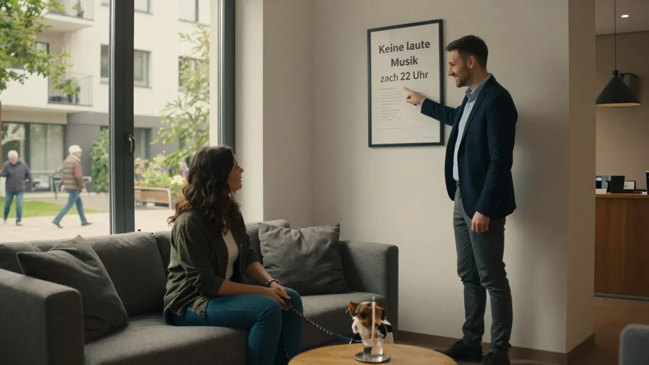 Vermieter und Mieter sprechen freundlich in der Hauslobby, ein Hund liegt neben ihnen.