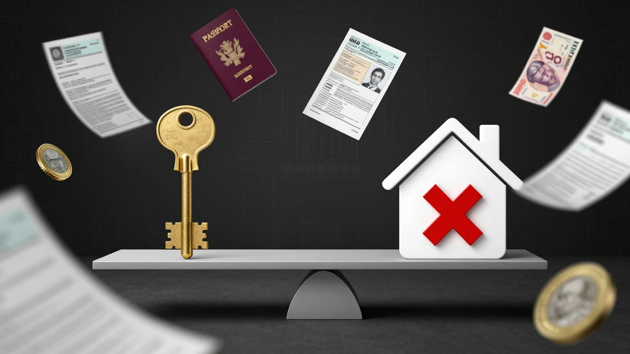 Waage mit Tapu-Schlüssel und fehlendem Iskan: Symbol für rechtliche Unsicherheit beim Immobilienkauf in der Türkei.