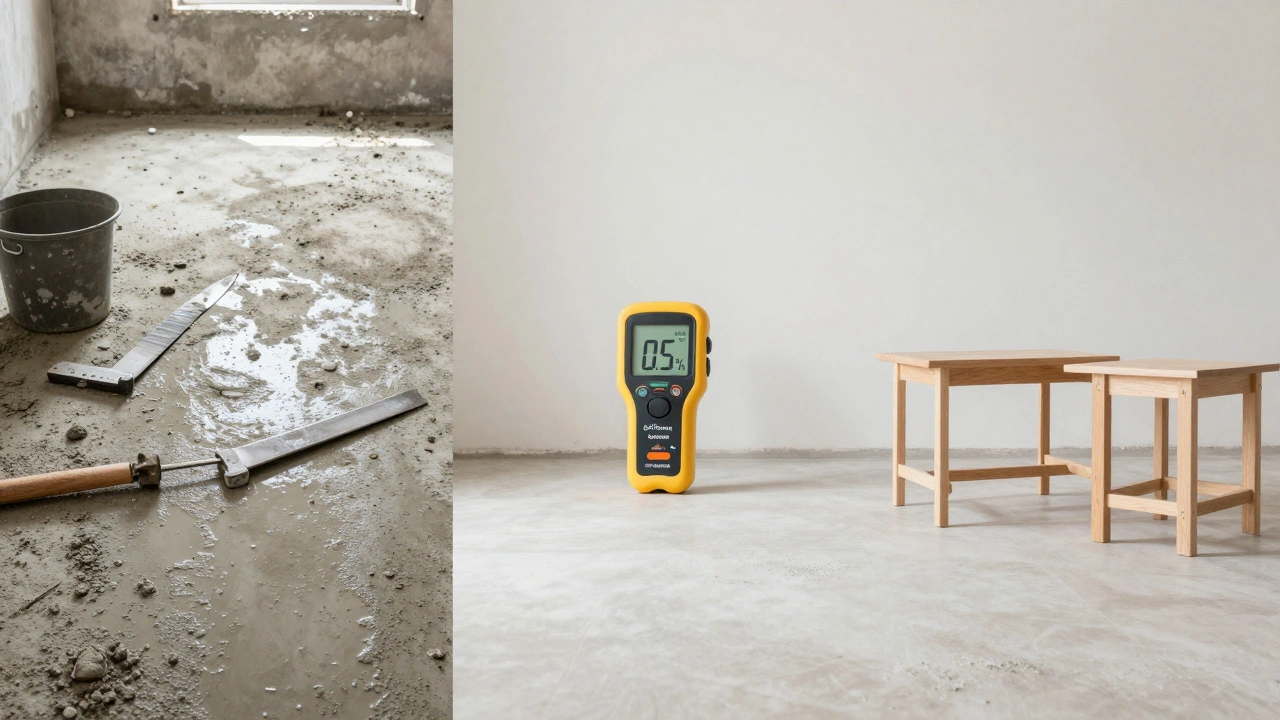 Zeitliche Entwicklung einer Renovierung: von nassen Baustoffen über Messung bis hin zu trockenem, bewohntem Raum.