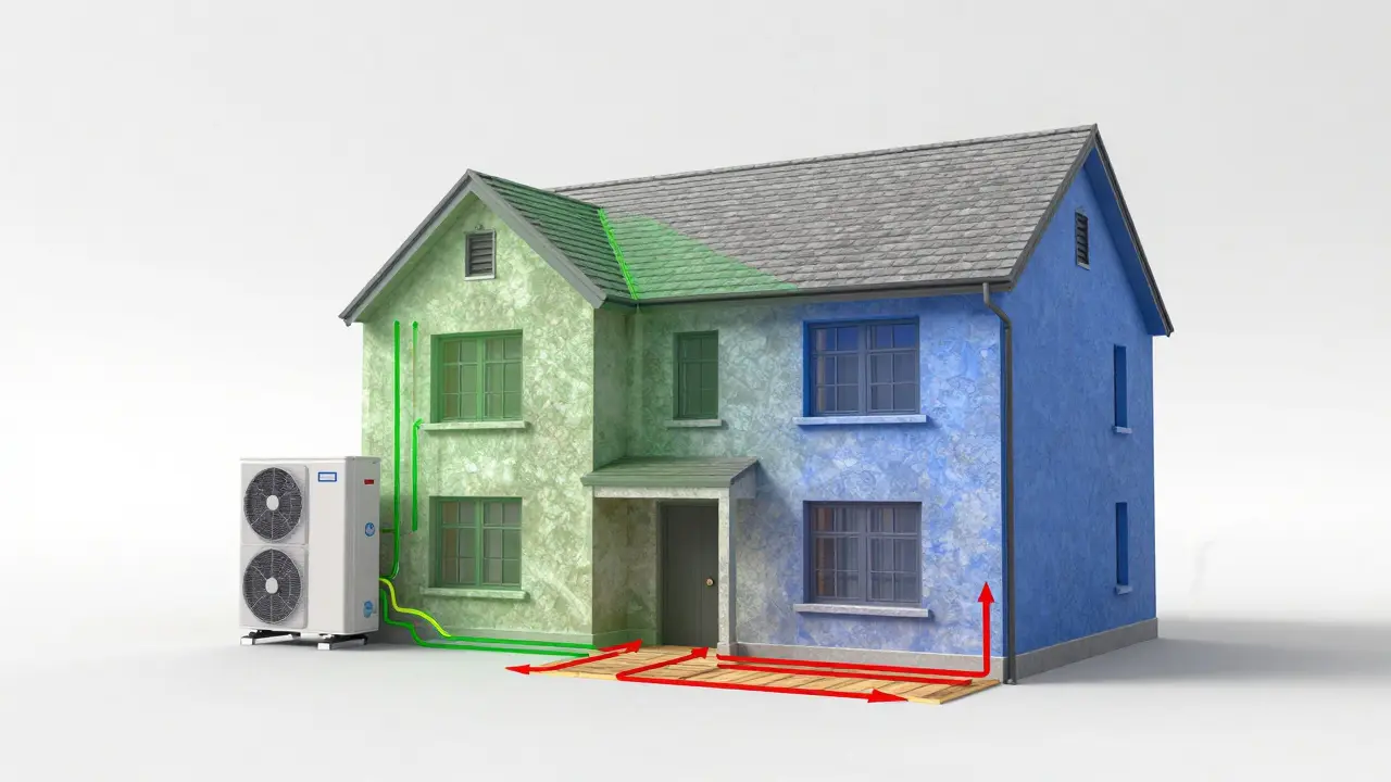 3D-Visualisierung eines Denkmalhauses mit unsichtbaren Energieleitungen und geschützter Fassade.