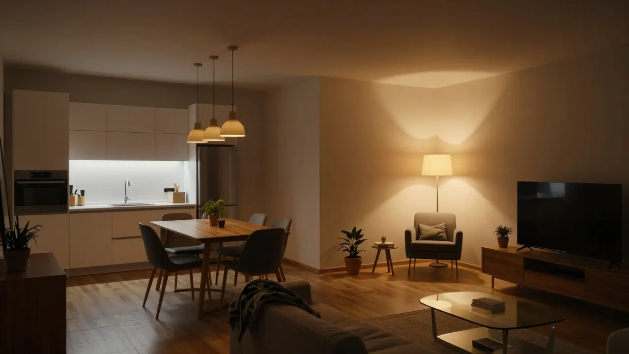 Abendstimmung im offenen Wohn-Esszimmer: warmes Licht über dem Esstisch, indirekte Beleuchtung im Wohnbereich und ein gemütlicher Lesesessel.