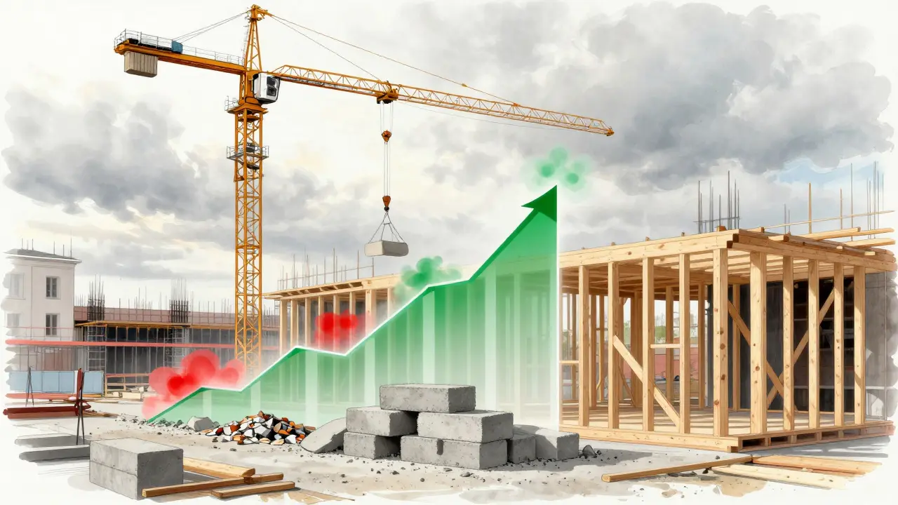 Baukräne heben recycelten Beton und Holztragwerke auf einer Sanierungsbaustelle in Wien.