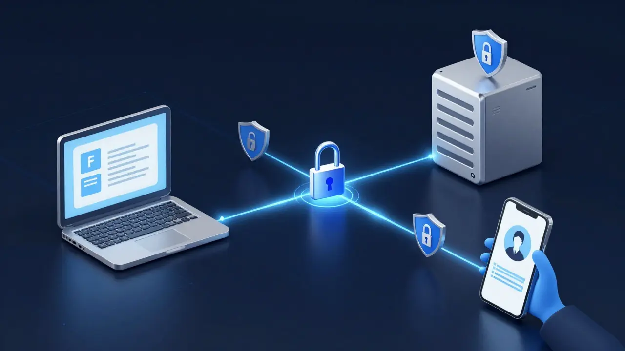 Datenstrom zwischen Notar, Behörde und Bürger mit verschlüsselten Sicherheitssymbolen.