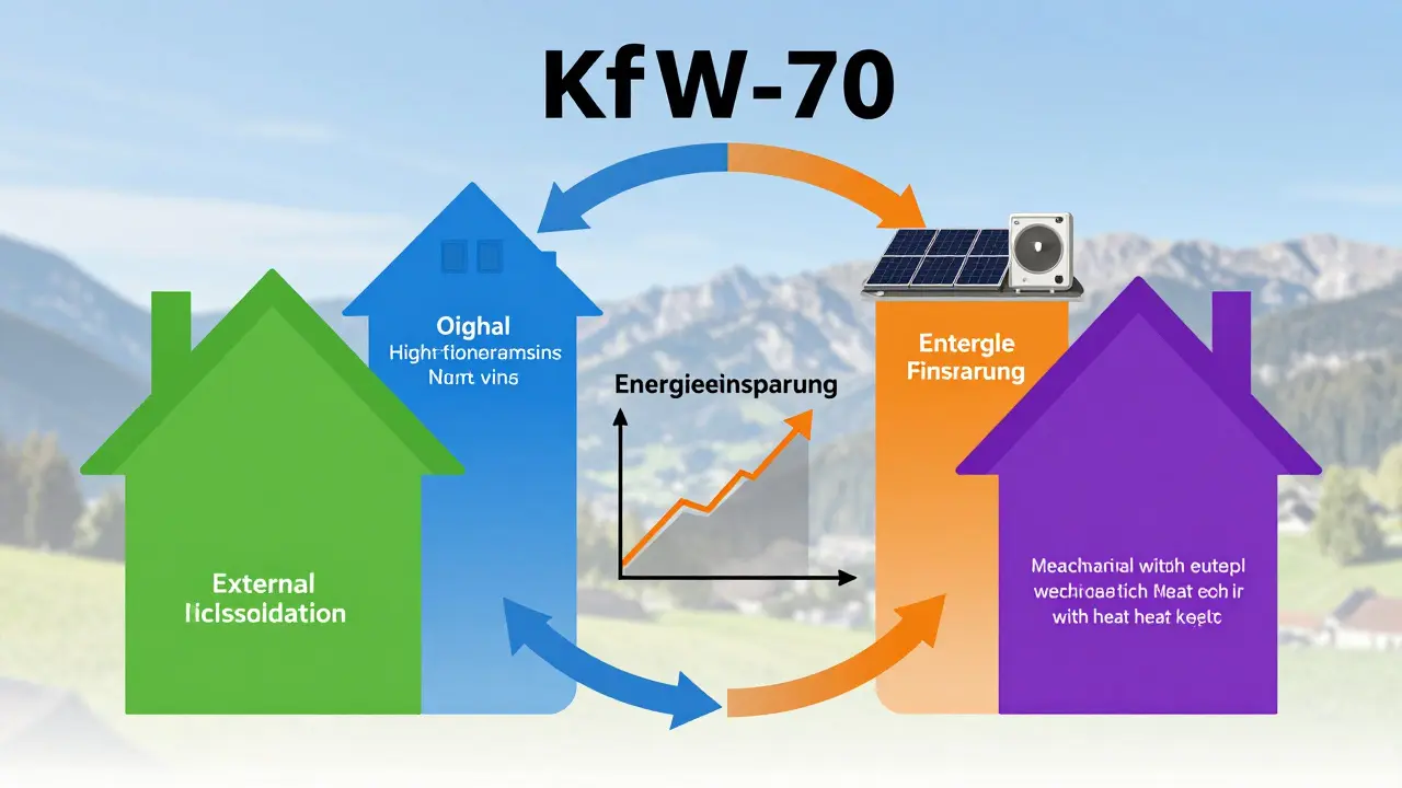 Die vier Säulen der KfW-70-Sanierung: Dämmung, Fenster, Wärmepumpe und Lüftung als zusammenhängendes System.