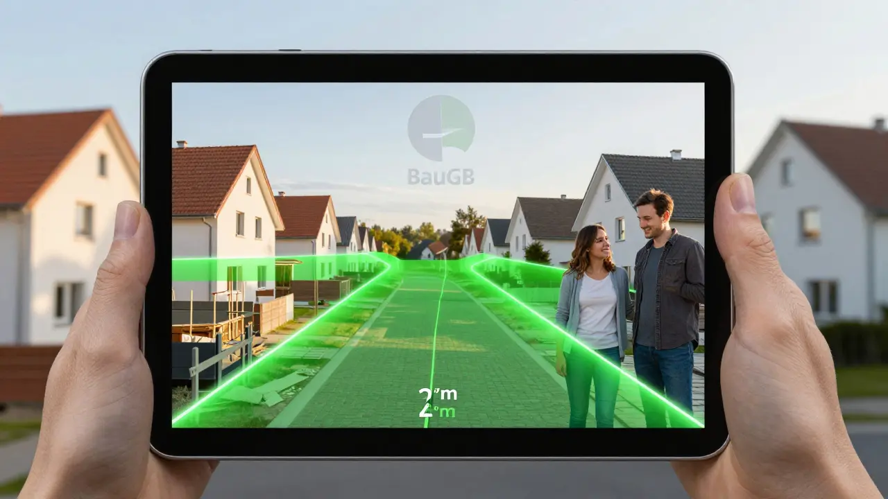 Digitale Simulation einer 2-Meter-Grenzzone zwischen zwei Häusern, Nachbarn beobachten gemeinsam die virtuelle Planung.