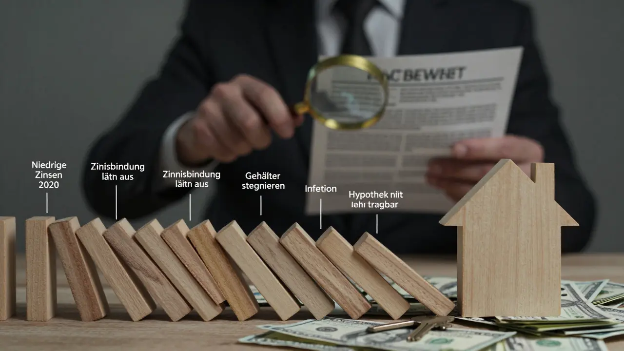 Dominoeffekt aus finanziellen Ursachen, der in einem einstürzenden Haus endet, mit Investor im Hintergrund.