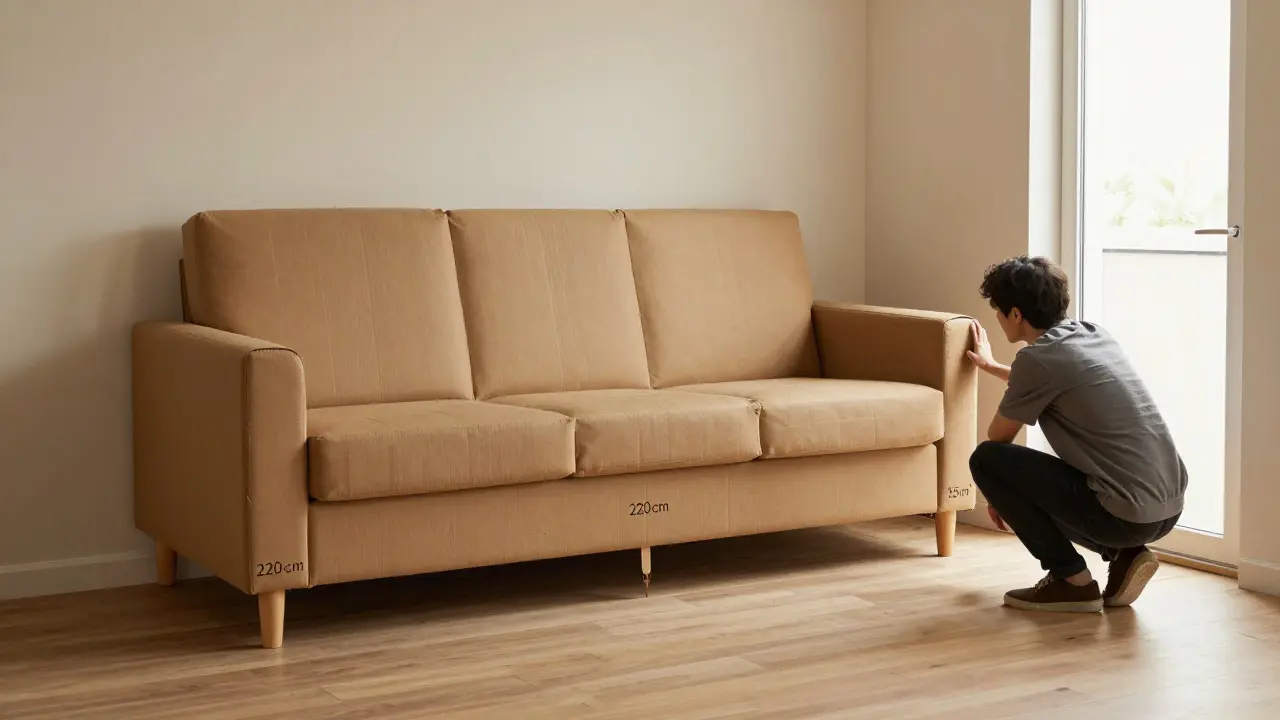 Ein Karton in Sofa-Größe wird im Raum getestet, während ein echtes, leichtes Sofa bereits richtig platziert ist – ein Vergleich für optimale Raumnutzung.
