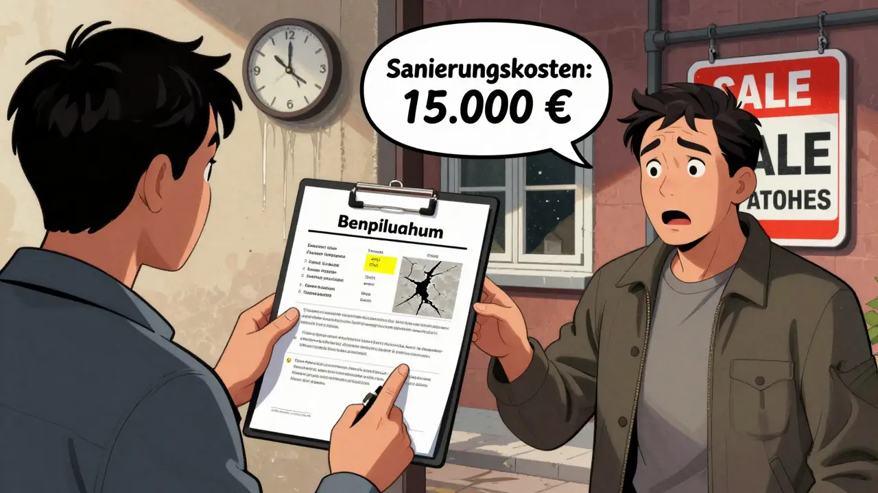 Ein Käufer zeigt einem Verkäufer einen Gutachterbericht mit Mängeln an einer Immobilie, um den Preis zu verhandeln.