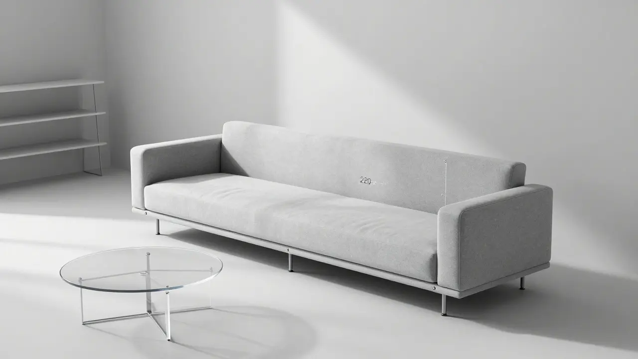 Ein modulares Sofa wird mit Magneten von groß auf klein verändert, in einem minimalistischen Raum mit hellem Licht und runder Tischplatte.