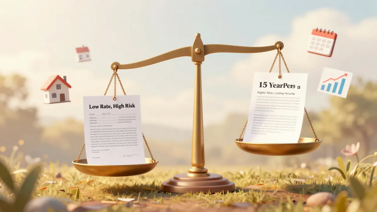 Eine Waage vergleicht eine kurze und eine lange Zinsbindung mit symbolischen Elementen.