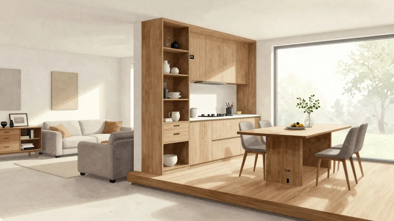 Erhöhter Wohnbereich mit offenen Regalen als Trenner, Eckbank und natürlichem Licht am Fenster in einem modernen Wohnraum.