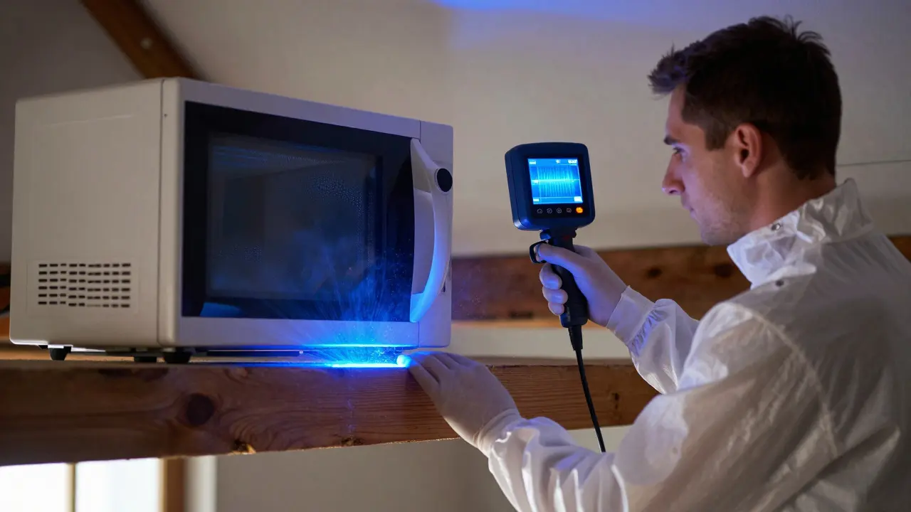 Fachmann behandelt einen Balken mit Mikrowellen, ohne Chemikalien, in einem alten Haus.