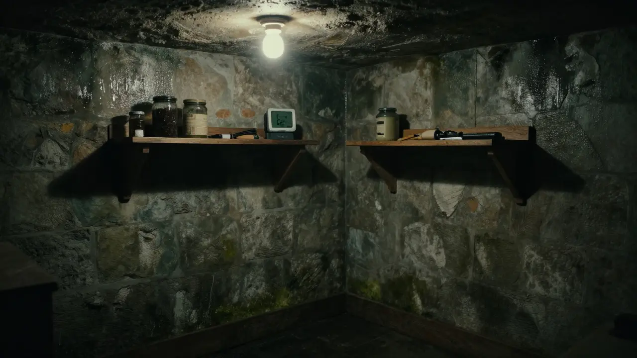 Feuchtigkeit an einer Kellerwand, Hygrometer zeigt 62% bei 12°C, leichte Schimmelbildung.