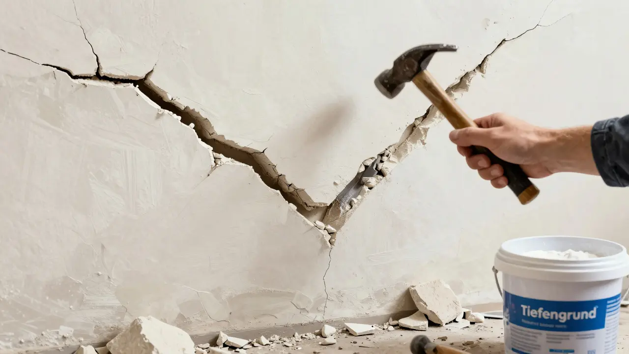 Hand entfernt losen Putz mit Meißel und Hammer, um eine tiefe Rissstelle vorzubereiten.