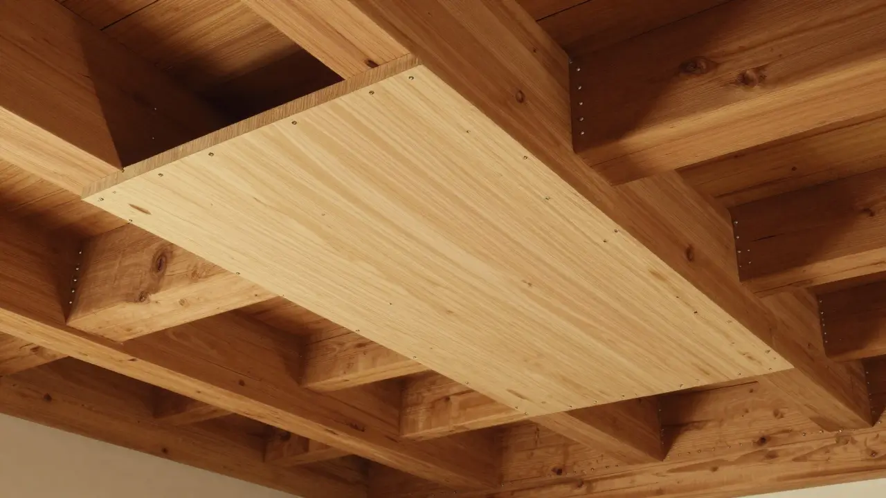 Laminierter Holzplatten unter der Decke, unsichtbar verstärkt, historische Optik erhalten.