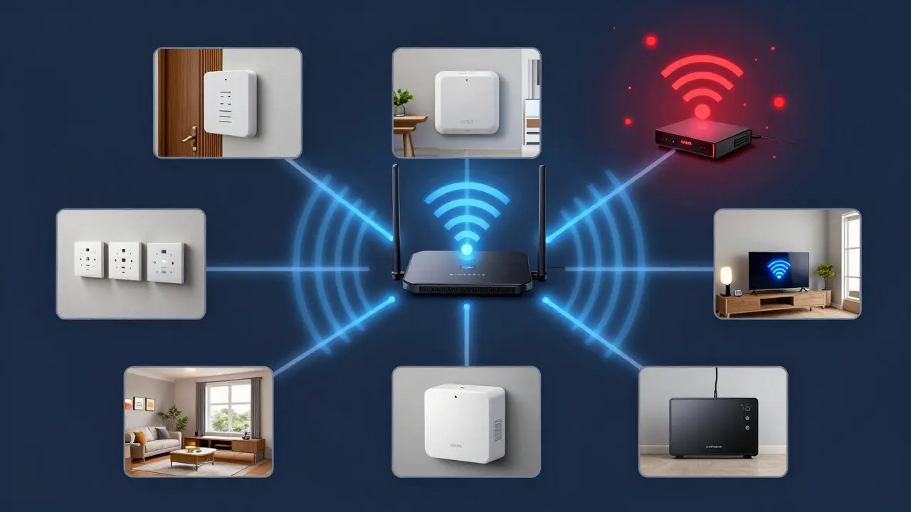 Matter-Border-Router mit Thread-Mesh-Signalen, die Geräte im Haus verbinden, im Vergleich zu gestörtem WLAN.