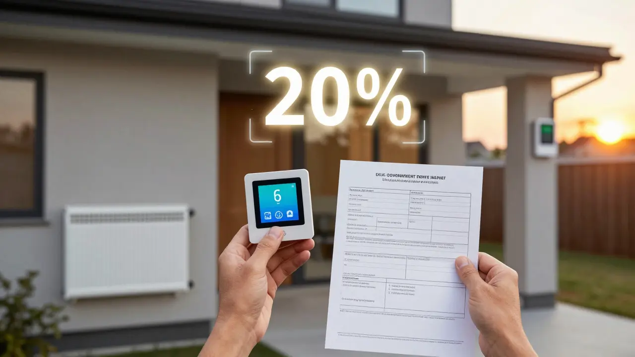 Person mit smartem Thermostat und Förderformular, symbolisch umgeben von Energieeinsparungen.
