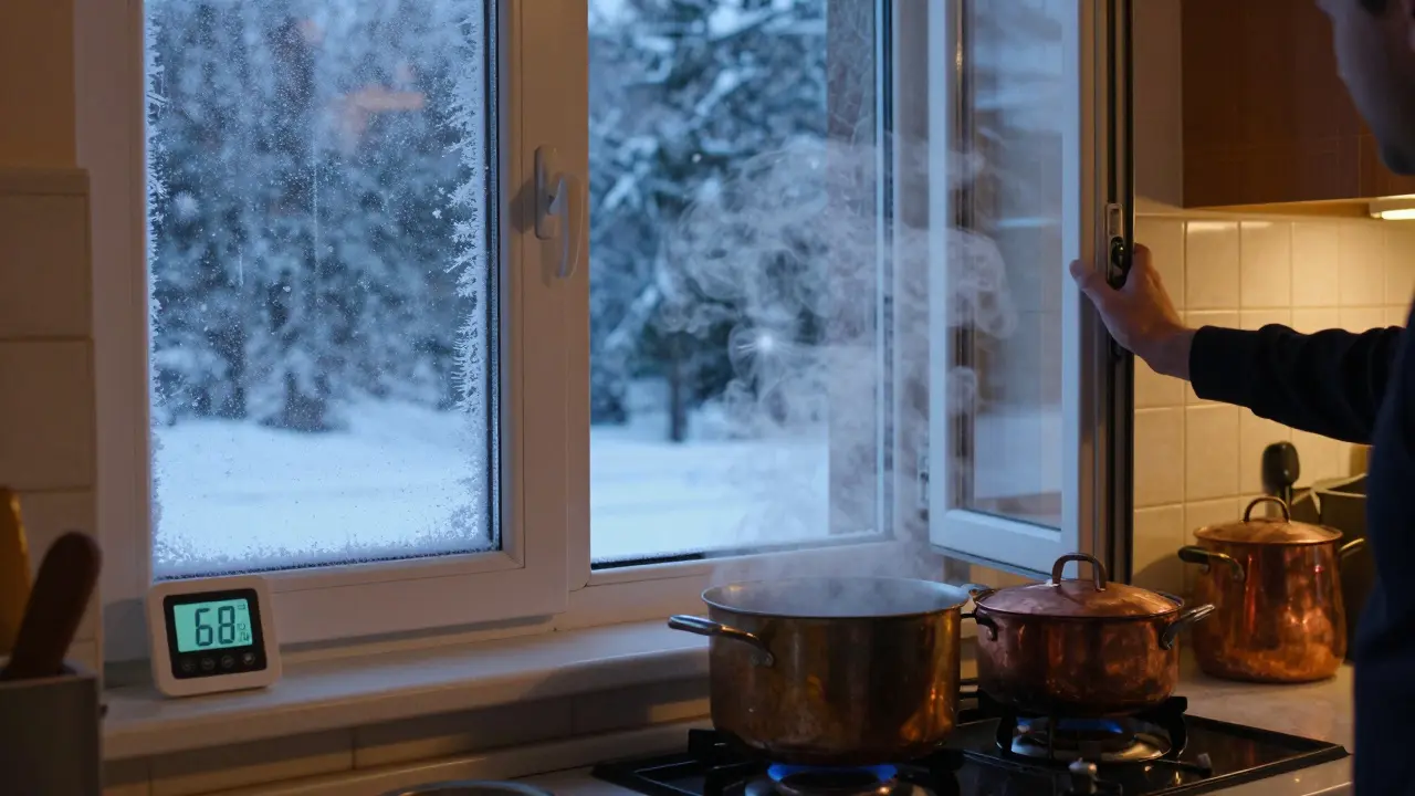 Person öffnet zwei Fenster in der Küche, Dampf steigt auf, Hygrometer zeigt 68% an.