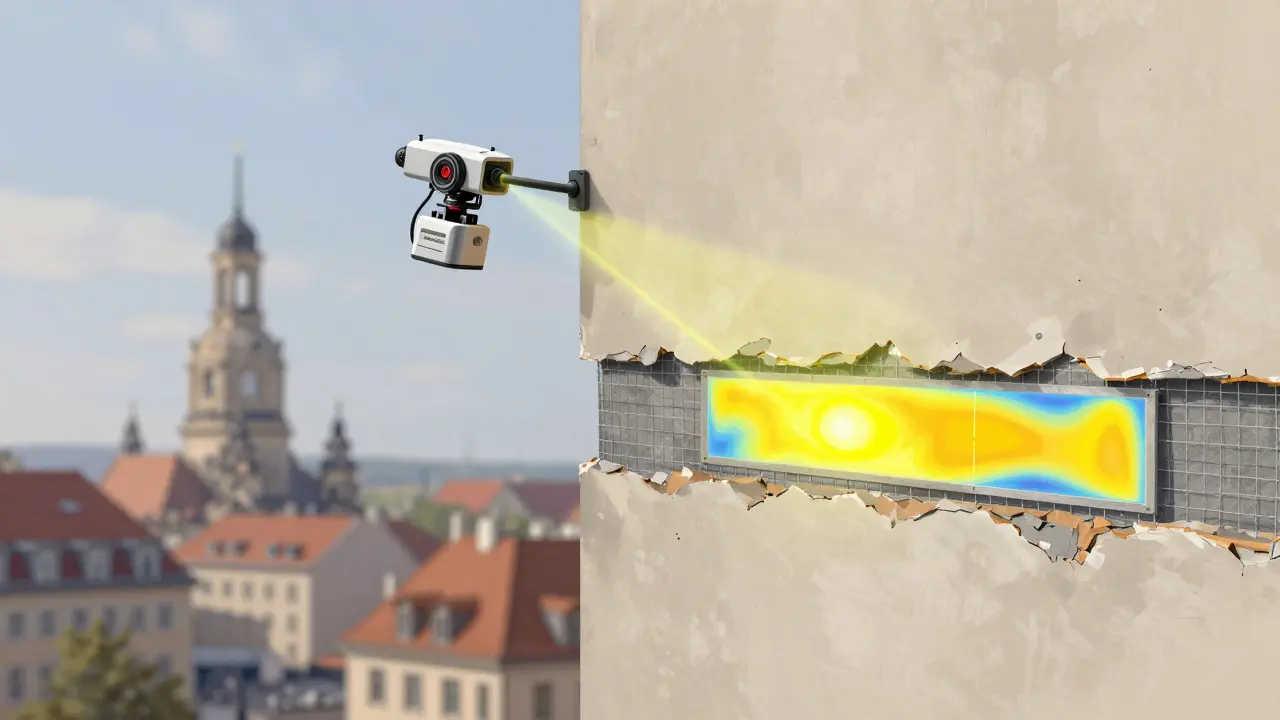 Querschnitt einer reparierten Fassade mit Armierungsgewebe und Roboter, der Feuchtigkeit misst.