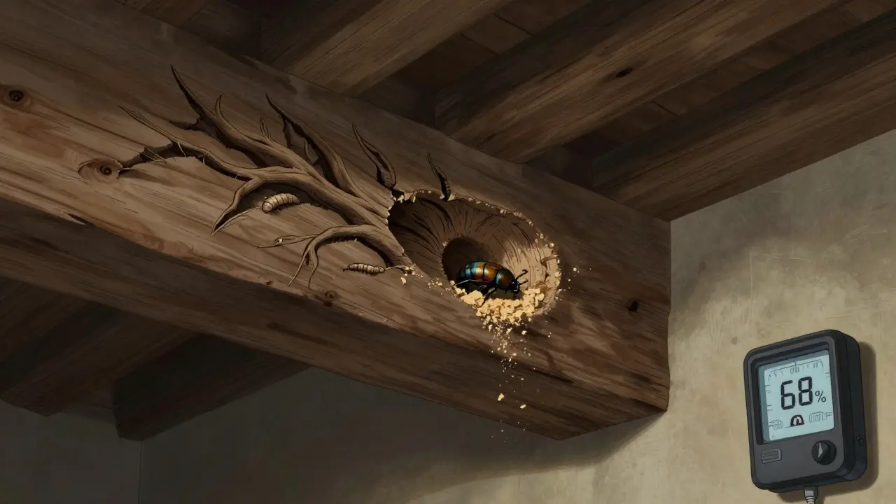 Querschnitt eines von Holzwürmern befallenen Holzbalkens mit Larven und frischem Sägemehl.