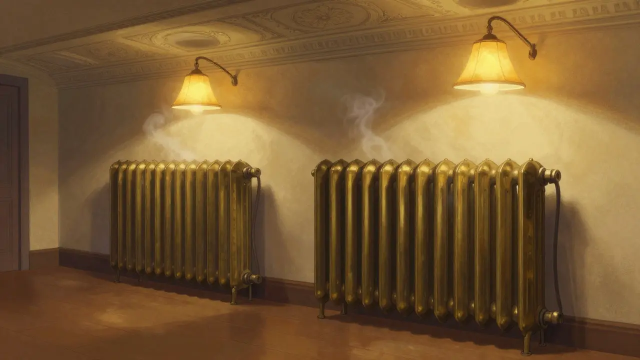 Restaurierte Heizkörper in einem Wiener Gründerzeitzimmer mit moderner Innentechnik.