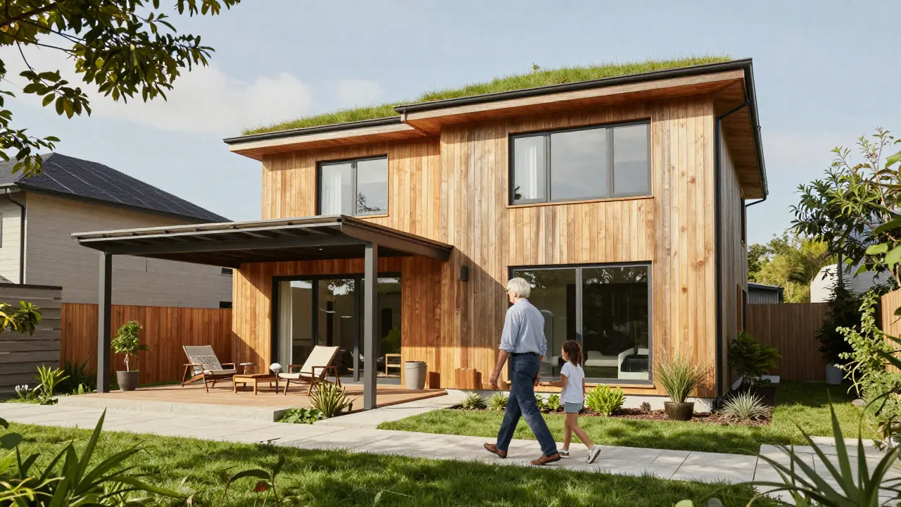 Sanierter Bungalow mit Solaranlage und barrierefreiem Zugang, umgeben von Garten.