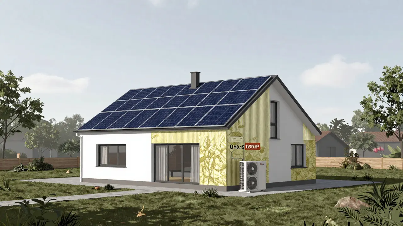 Schematische Darstellung eines energieeffizienten Bungalows mit Dach-PV-Anlage und Wärmepumpe.