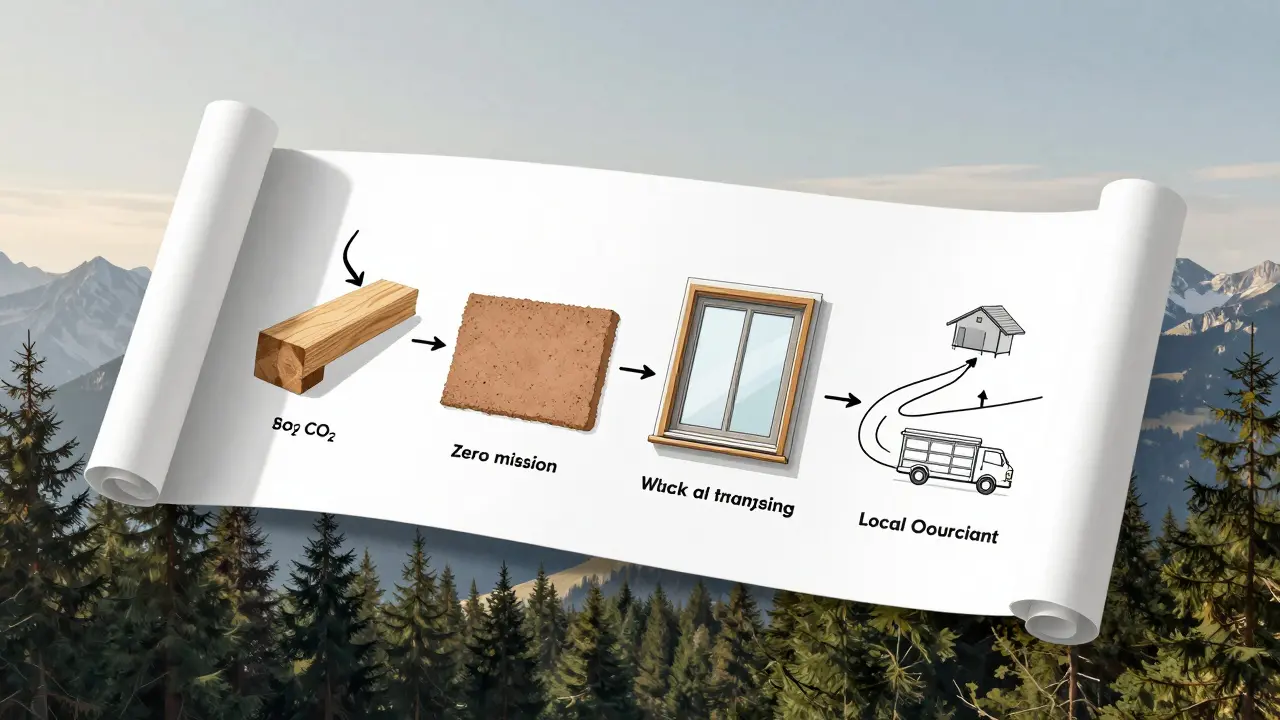 Schematische Darstellung nachhaltiger Baustoffe wie Holz, Lehm und energieeffiziente Fenster auf einem Scroll.