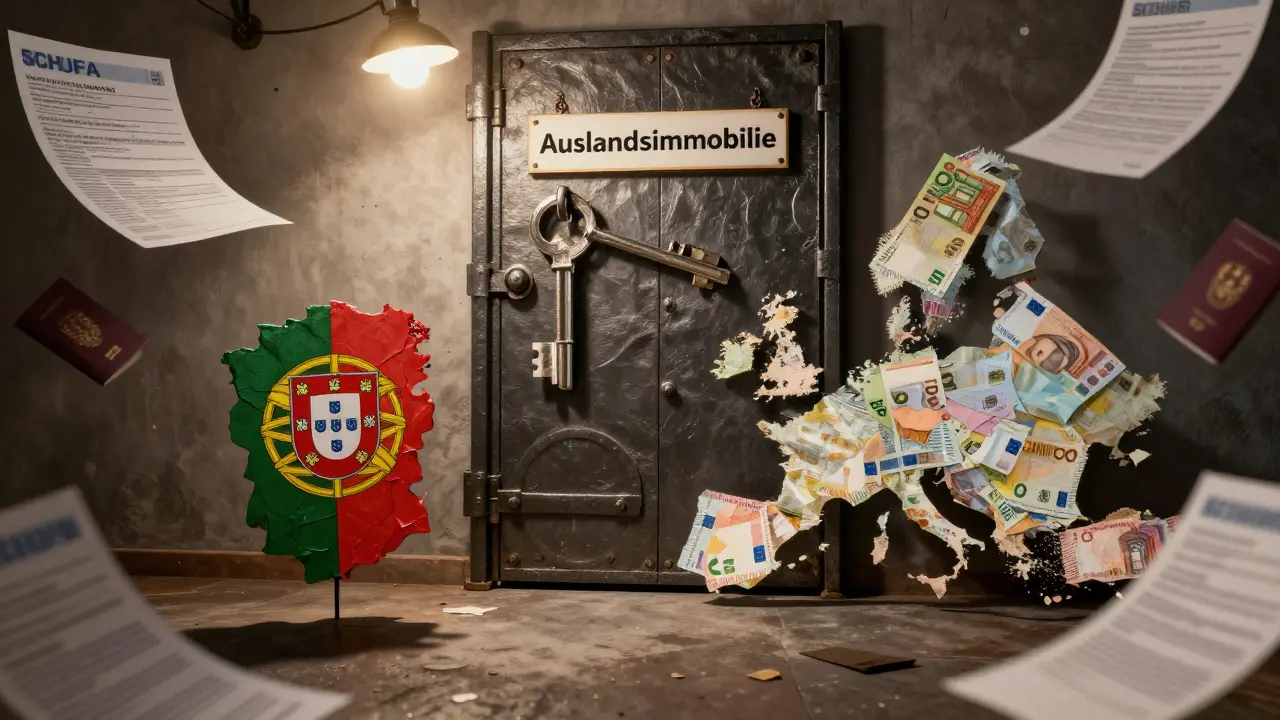 Schlüssel aus Geldscheinen öffnet Tür zu Auslandsimmobilie, umgeben von wichtigen Dokumenten.