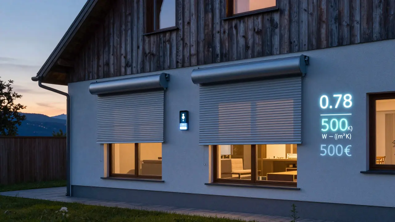 Smartes Rollladensystem senkt sich bei Sonnenuntergang, Energieeinsparung wird digital angezeigt.