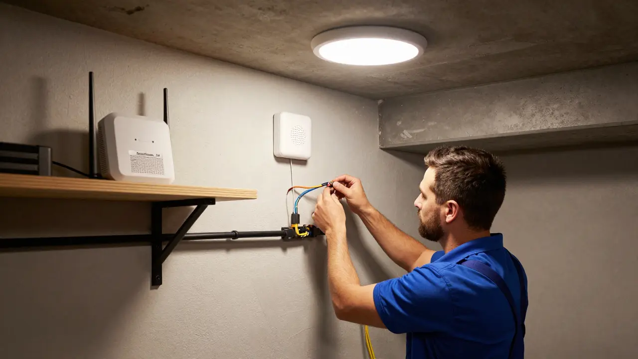 Techniker installiert ein geschirmtes Kabel im Keller mit Matter-Sensor und Access Point, beschrifteter Router.