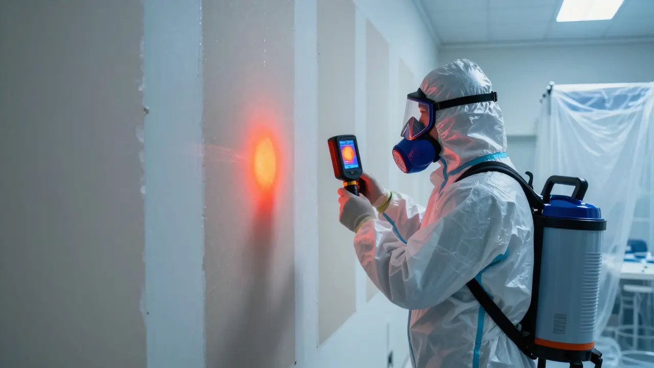 Techniker mit Atemschutz untersucht eine Wand mit Wärmebildkamera während der Sanierung