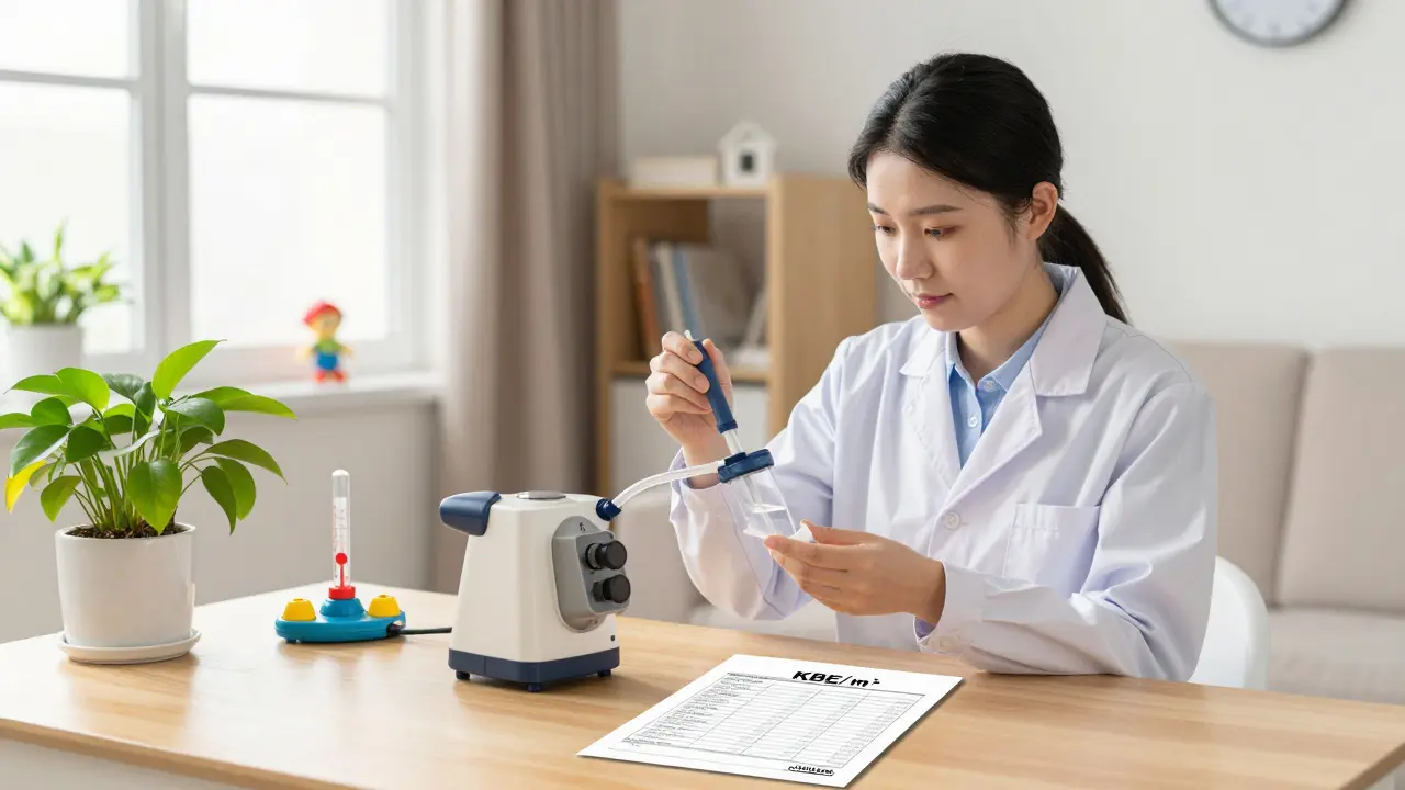 Umweltgutachter nimmt Luftprobe, Laborbericht zeigt sichere Schimmelwerte