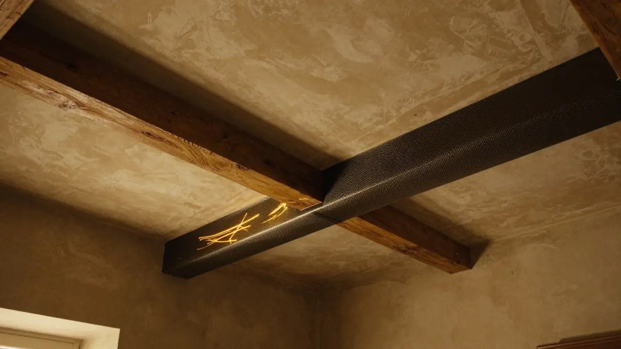 Unsichtbare Kohlefaserstreifen an der Unterseite historischer Holzbalken in einem alten Raum.