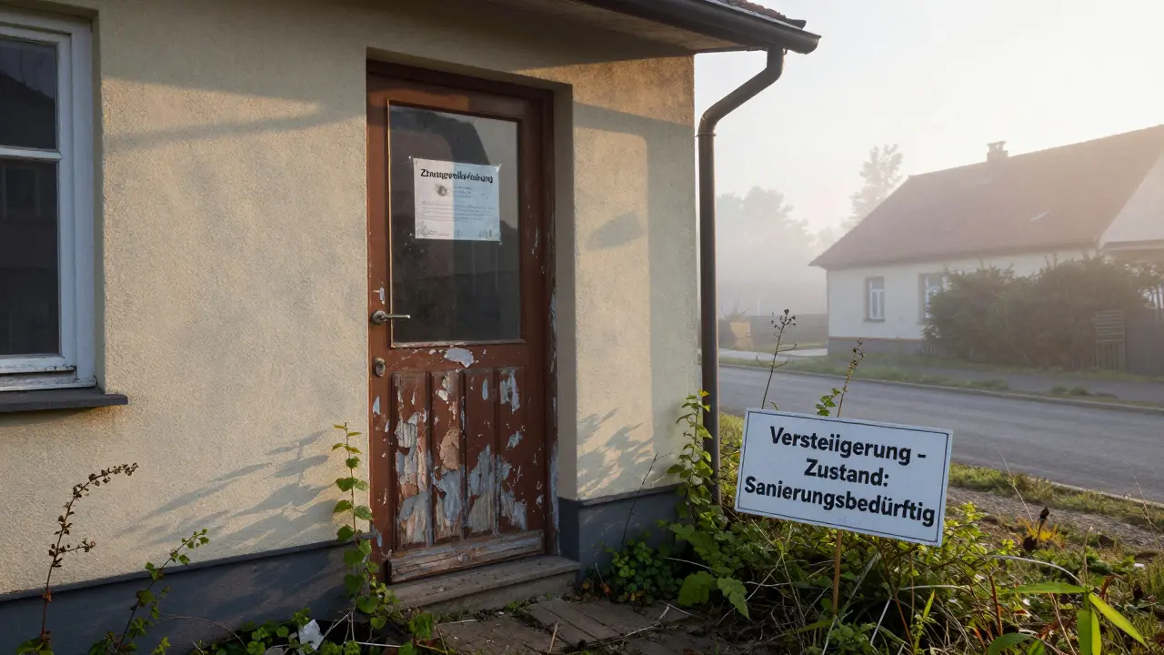 Verwahrloste Einfamilienhaus mit Zwangsvollstreckungshinweis in Thüringen, Nebel, morgendliches Licht.