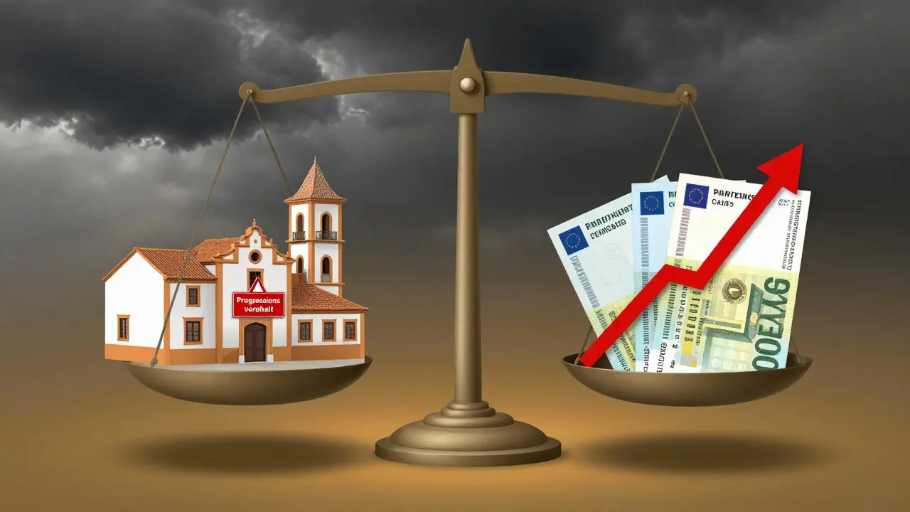 Waage mit spanischer Villa und deutschem Einkommen, rotes Warnzeichen und dunkle Wolken, symbolisiert Progressionsvorbehalt.