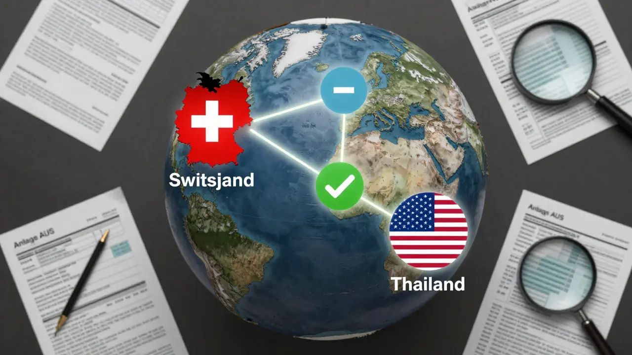 Weltkarte mit Verbindungen zu Schweiz, Thailand und USA, symbolisiert unterschiedliche Besteuerungsregeln für Auslandsimmobilien.